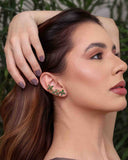 Brinco Ear Cuff Flores Navete Verde Esmeralda Pino e Encaixe