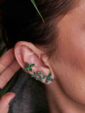 Brinco Ear Cuff Flores Navete Verde Esmeralda Pino e Encaixe