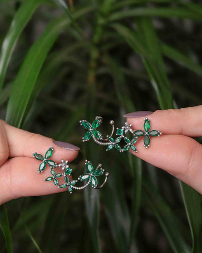 Brinco Ear Cuff Flores Navete Verde Esmeralda Pino e Encaixe