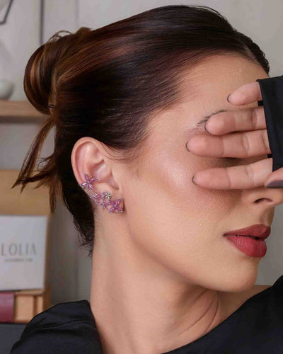 Brinco Ear Cuff Flores Navete Fucsia Rosa Pino e Encaixe