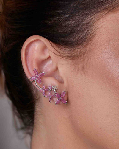 Brinco Ear Cuff Flores Navete Fucsia Rosa Pino e Encaixe