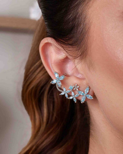 Brinco Ear Cuff Flores Navete Azul Sky Pino e Encaixe