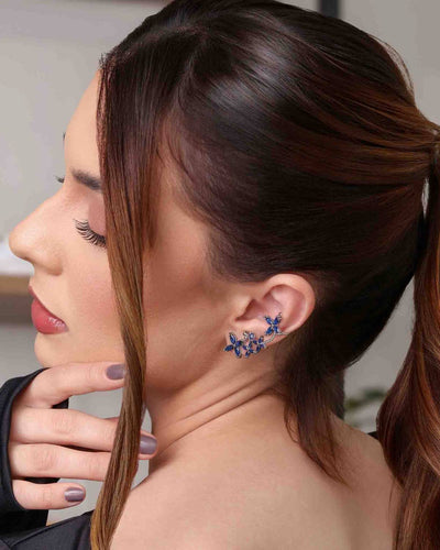 Brinco Ear Cuff Flores Navete Safira Azul Pino e Encaixe