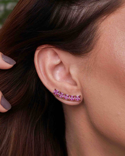Brinco Ear Cuff Carre Quadrado Fucsia Rosa com Tarraxa Virgula