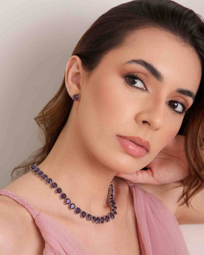 Conjunto Gargantilha Riviera Gota Ametista com Fecho Gaveta Click e Brinco