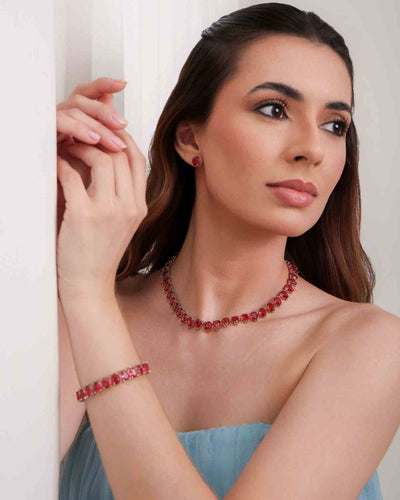 Conjunto Gargantilha Riviera Gota Rubi com Fecho Gaveta Click e Brinco