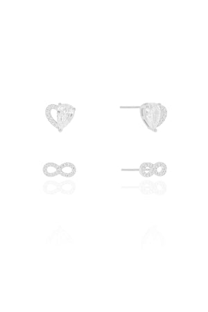 Brinco Duplo Coração Cravejado Cristal e Infinito Cravejado Cristal Ródio Branco