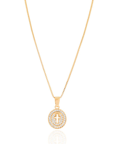 Colar Veneziana Medalha Cruz Borda Cravejada Cristal - 45 cm