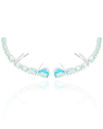 Ear Cuff Pontos de Luz Ovais Azul Sky Cravejado Cristal Ródio Branco