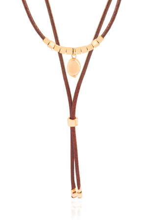 Gargantilha Dupla Fio Coreano Gravata Pingente Barroco Banhado a Ouro 18K - 31 cm