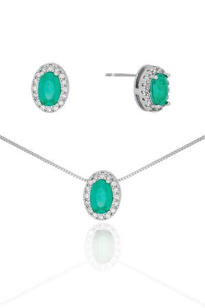 Conjunto Gargantilha Pingente e Brinco Oval Turmalina com Borda Cristal