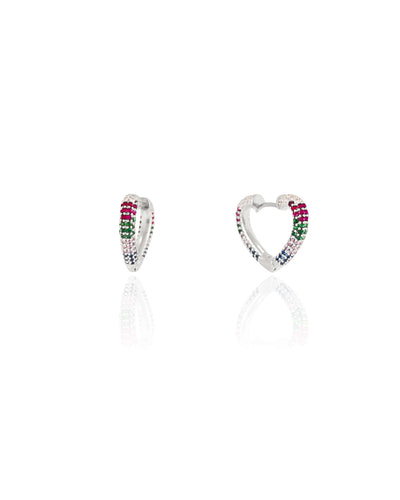 Brinco Argola Coração Cravejada Colorida 1,9 cm Ródio Branco