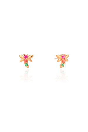 Brinco Infantil Libélula Colorida Banhado a Ouro 18K