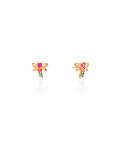 Brinco Infantil Libélula Colorida Banhado a Ouro 18K