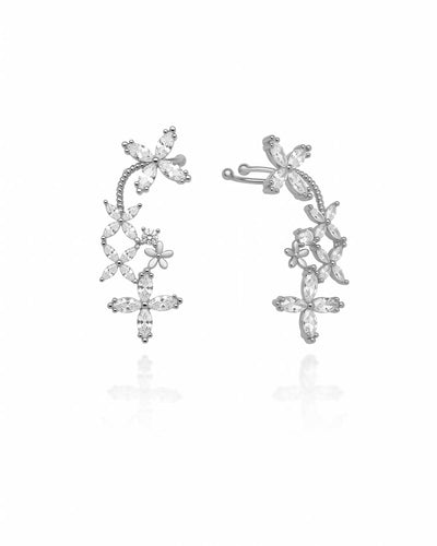 Brinco Ear Cuff Flores Navete Cristal Pino e Encaixe