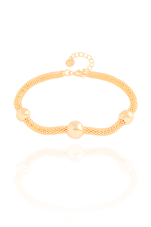 Pulseira Malha Oca Três Bolas Banhado a Ouro 18K