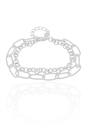 Pulseira Dupla Elos Ovais e Portugueses Ródio Branco