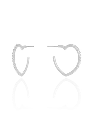 Brinco Argola Coração Cravejado Cristal 2.2 cm Ródio Branco