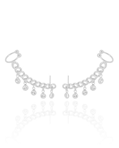 Brinco Ear Cuff Elos Vazados Ponto de Luz Cristal Ródio Branco