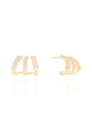 Brinco Argola Filetes Cravejados Baguetes Cristal 1.3 cm Banhado a Ouro 18K