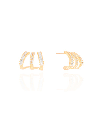 Brinco Argola Filetes Cravejados Baguetes Cristal 1.3 cm Banhado a Ouro 18K