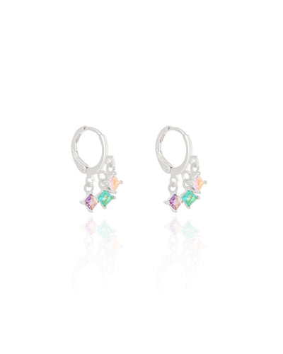 Brinco Argola Quadrados Cravejado Coloridos 1,1 cm Ródio Branco