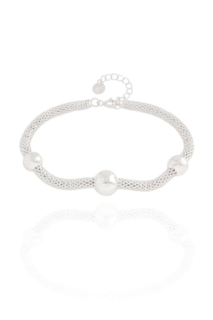 Pulseira Malha Oca Três Bolas Ródio Branco