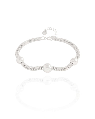 Pulseira Malha Oca Três Bolas Ródio Branco