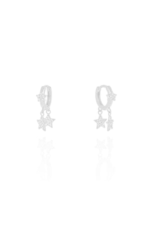 Brinco Argola Click Estrelas Cravejadas Cristal 1.9 cm Ródio Branco