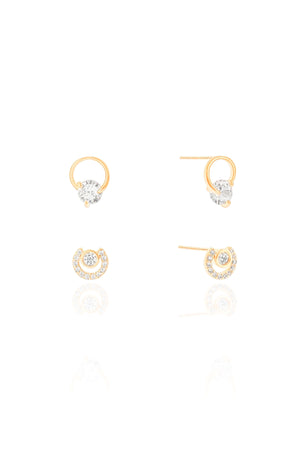 Brinco Duplo Circulo com Ponto de Luz e Circulo Cravejado Cristal Banhado a Ouro 18K