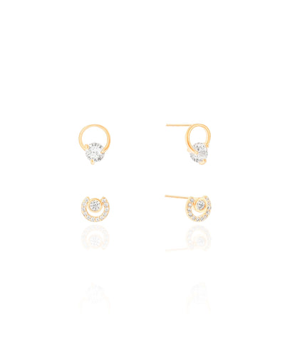 Dupla de Brincos Círculo com Ponto de Luz e Círculo Cravejado Cristal Banhado a Ouro 18K