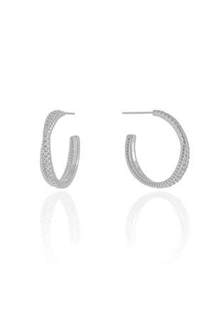 Brinco Argola Entrelaçada Cravejada Cristal 2.2 cm Ródio Branco