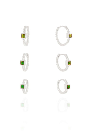 Trio de Argolas Pontos de Luz Quadrados Esmeralda Ródio Branco