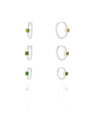 Trio de Argolas Pontos de Luz Quadrados Esmeralda Ródio Branco