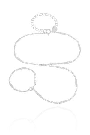 Pulseira Hand Chain Plaquinhas Detalhadas Ródio Branco