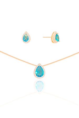 Conjunto Gota Topazio Sky Cravejado Cristal Banhado a Ouro 18K