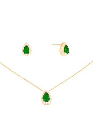 Conjunto Gota Esmeralda Cravejada Banhado a Ouro 18K