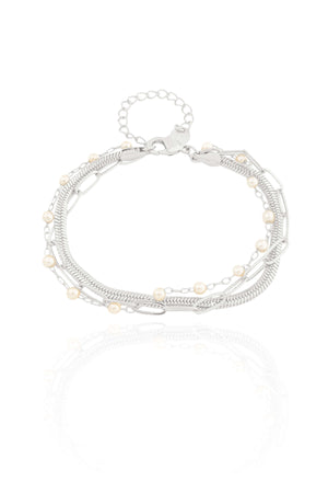 Pulseira Tripla Snake Elos Pérolas Ródio Branco