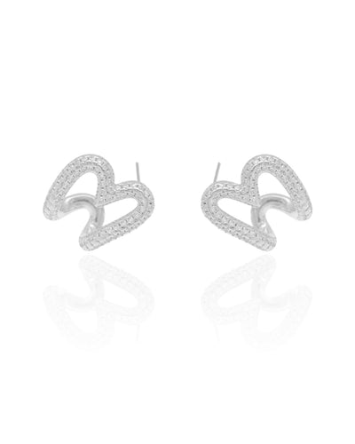 Brinco Argola Coração Vazado Cravejado Cristal 2,2 cm Ródio Branco