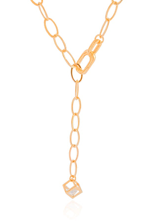 Gargantilha Gravata Elos Ovais Cubo Ponto de Luz Cristal Banhado a Ouro 18K - 45 cm