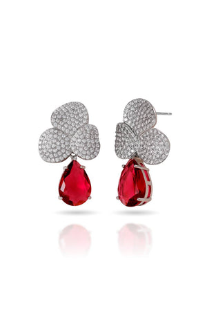 Brinco Folhas Cravejadas Cristal e Gota Pendente Rubi