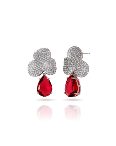 Brinco Folhas Cravejadas Cristal e Gota Pendente Rubi