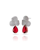 Brinco Folhas Cravejadas Cristal e Gota Pendente Rubi