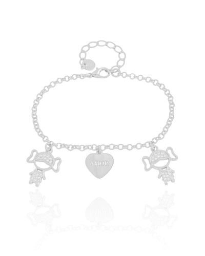 Pulseira Filhas Meninas com Coração Amor Ródio Branco