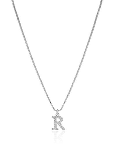 Colar Veneziana Letra R Cravejada Cristal Ródio Branco - 45 cm