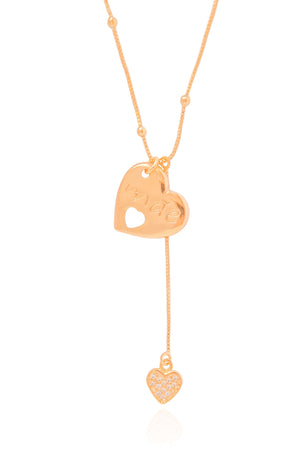 Gargantilha Gravata Bolinhas Coração Mãe Cravejado Cristal Banhado a Ouro 18K - 45 cm