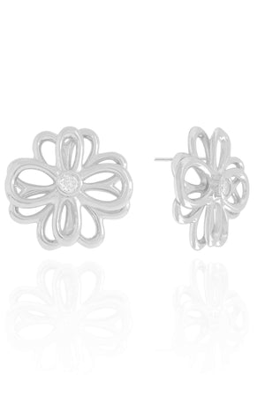 Brinco Flor Dupla Ponto de Luz Cristal Ródio Branco