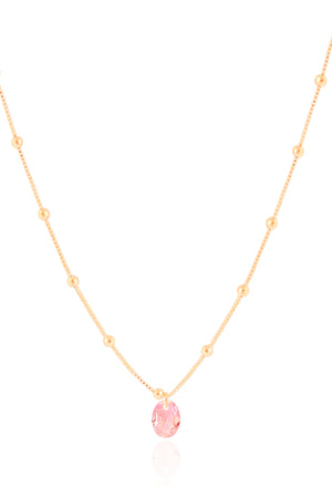 Gargantilha Infantil Bolinhas Cristal Oval Safira Rosa Banhado a Ouro 18K - 30 cm
