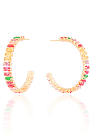 Brinco Argola Zircônias Coloridas Retangular Banhado a Ouro 18K