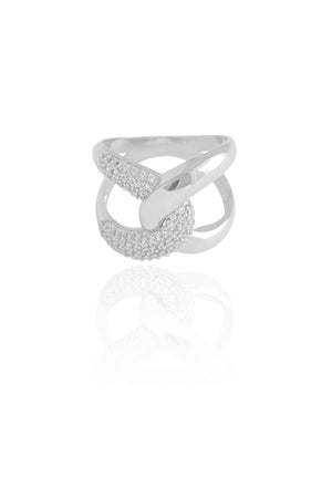 Anel Entrelaçado Cravejado Cristal Tamanho 12 Ródio Branco